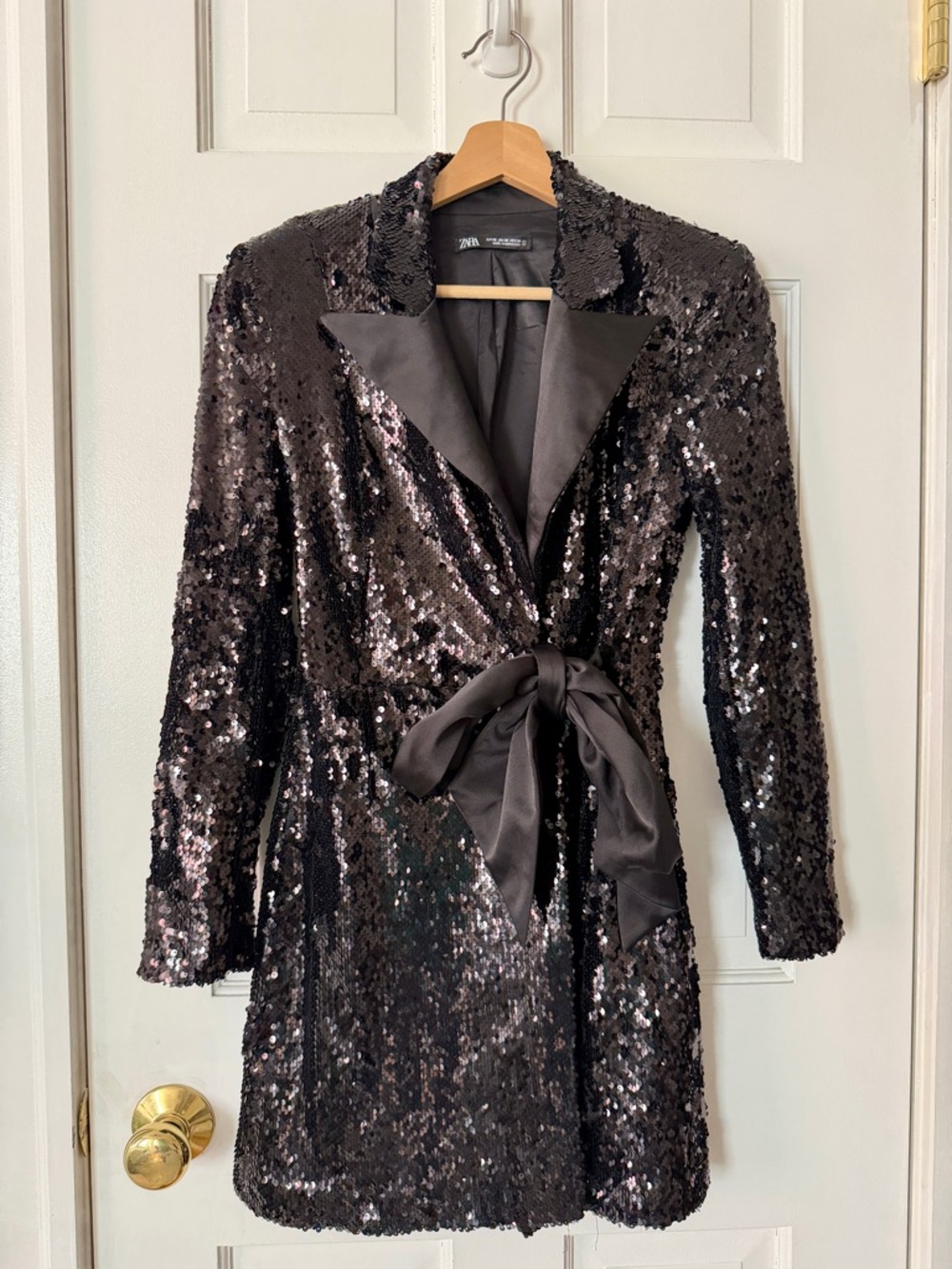 ZARA Black Sequin Mini Wrap Blazer Dress with Satin Tie